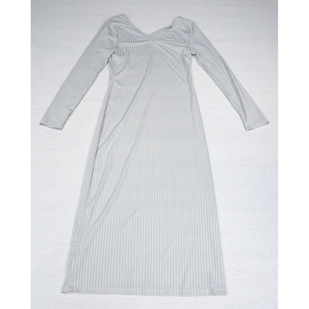 Womens Grey S Shadow Stripe Bodycon Dress Sweetheart Neck Long Sleeve Slinky